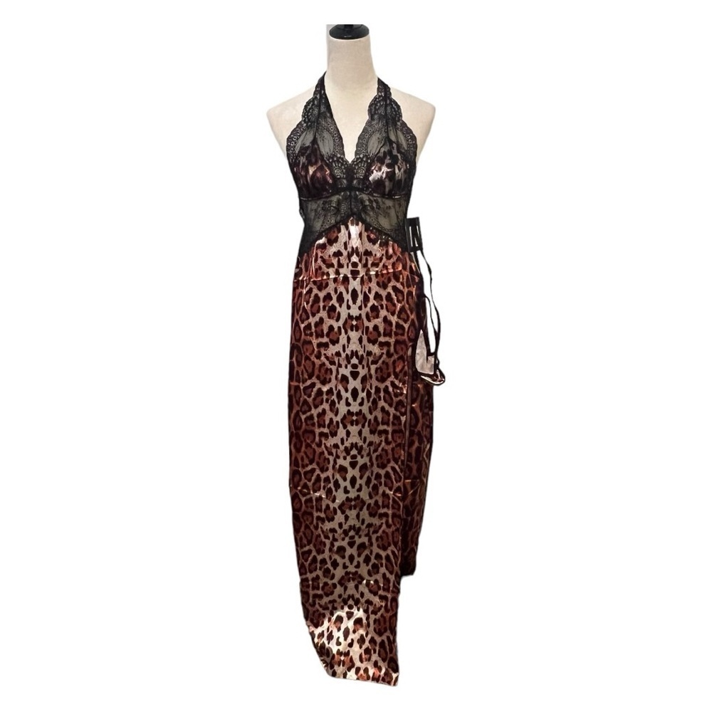 Frederick’s of Hollywood Rosalina rose leopard lace satin gown and panties M NWT